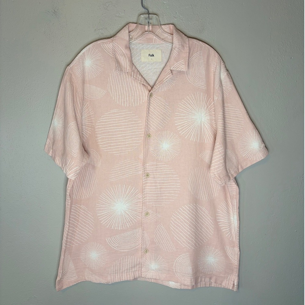 Folk Mens Size 4 Large Pink Short Sleeve Shirt Cotton Camp Collar Casual Top